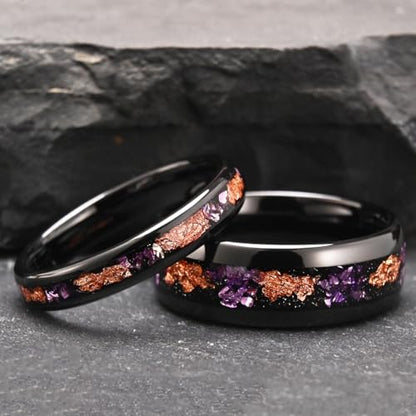 Tungsten Rings for Men and Women 8mm/4mm Men’s Wedding Bands | 8mm Black Inlaid Purple Galaxy Opal Fashion High Polished Suitable for engagement and anniversary parties comfortable fit - color: 8mm gold and purple