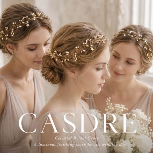 Casdre Star Rhinestone Hair Vine Gold Moon Headpiece Bridal Headband Crystal Bride Wedding Hair Accessories for Women and Girls