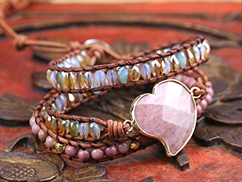 Women Wrap Bracelets Boho Natural Stone Jasper Turquoises Strand Bracelet Jewelry Collection - color: Rhodochrosite
