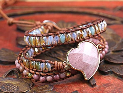Women Wrap Bracelets Boho Natural Stone Jasper Turquoises Strand Bracelet Jewelry Collection - color: Rhodochrosite