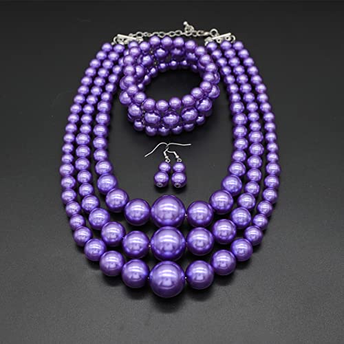 Big Chunky Pearl Necklace and Earrings Set Large Costume 1920s Faux Pearls Gatsby Accessories - color: Purple Pearl Necklace set