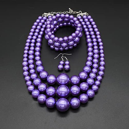 Big Chunky Pearl Necklace and Earrings Set Large Costume 1920s Faux Pearls Gatsby Accessories - color: Purple Pearl Necklace set