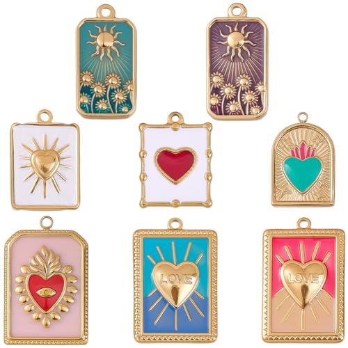 SUNNYCLUE 1 Box 8 Styles Real 18k Gold Plated Enamel Heart Charms Gold Heart Charms Metal Colorful Rectangle Evil Eye Hearts Sun Pendant for Jewelry Making Women Adults Crafts Bracelets Gifts Supplies