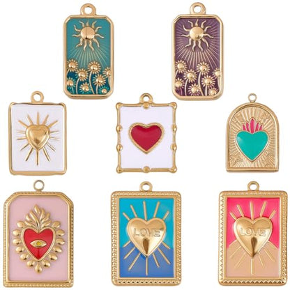 SUNNYCLUE 1 Box 8 Styles Real 18k Gold Plated Enamel Heart Charms Gold Heart Charms Metal Colorful Rectangle Evil Eye Hearts Sun Pendant for Jewelry Making Women Adults Crafts Bracelets Gifts Supplies