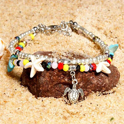 Softones Blue Starfish Turtle Anklet Multilayer Charm Beads Sea Handmade Boho Anklet Foot Jewelry for Women - style: A:Turtle 2
