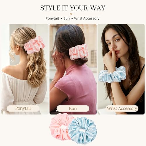 2 PCS Blue Pink Jumbo Satin Silky Scrunchies 6.5 Inches Oversized Scrunchie Extra Large Big Hair Ties Ponytail Holder for Thick Curly Hair Women (Light Blue, Pink) - color: Light Blue, Pink