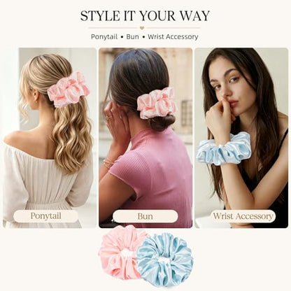 2 PCS Blue Pink Jumbo Satin Silky Scrunchies 6.5 Inches Oversized Scrunchie Extra Large Big Hair Ties Ponytail Holder for Thick Curly Hair Women (Light Blue, Pink) - color: Light Blue, Pink