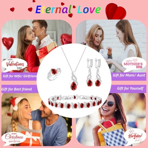 LMXXVJ Jewelry Set for Women,Teardrop Cubic Zirconia Necklace Earrings Adjustable Ring Bracelet Jewelry Set Formal Jewelry Gift - color: MHSD-White Gold-Garnet