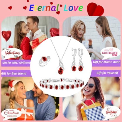 LMXXVJ Jewelry Set for Women,Teardrop Cubic Zirconia Necklace Earrings Adjustable Ring Bracelet Jewelry Set Formal Jewelry Gift - color: MHSD-White Gold-Garnet