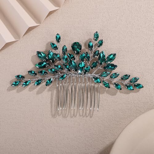 Teyglen Green Crystal Bride Wedding Hair Comb Full Rhinestone Wedding Hair Piece for Bride Wedding Hair Accessories Teardrop Crystal Hair Comb for Women Bridal Headpiece(Peacock green) - color: Peacock green