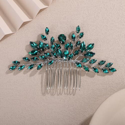 Teyglen Green Crystal Bride Wedding Hair Comb Full Rhinestone Wedding Hair Piece for Bride Wedding Hair Accessories Teardrop Crystal Hair Comb for Women Bridal Headpiece(Peacock green) - color: Peacock green