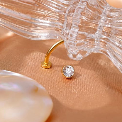 NICEIGHT 14G F136 Pure Titanium Floating Belly Button Rings for Women Petite Flat Back CZ Belly Rings Opal Barbell Heart Curved Navel Ring Internally Threaded Belly Piercing Jewelry 8/10/12/14mm - color: Gold-Round CZ, size: 12mm (Slightly Longer)
