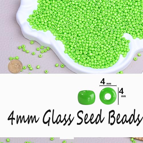 Legefo 4mm Glass Seed Beads Bulk, Bright Green 6/0 Small Mini Pony Seed Beads, Tiny Round Craft Bead for Bracelet Necklace Wrist Jewelry Making Beading Weaving DIY Crafts Supplies, 1000pcs - color: Bright Green