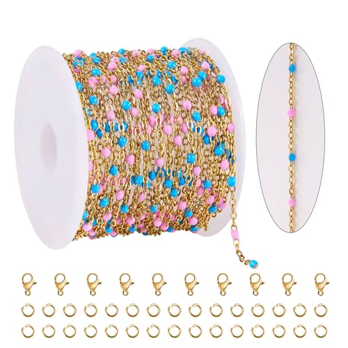 16.4FT Blue Pink Enamel Bead Chain Roll Gold Plated Necklace Jewelry Links | Gold Plated Stainless Steel Bulk Chains for Jewelry Making with Lobster Clasps Jump Rings for Crafting - color: gold-blue pink