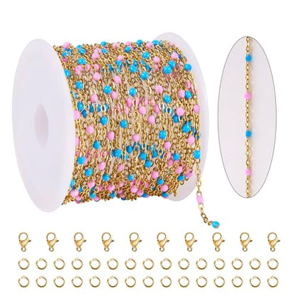 16.4FT Blue Pink Enamel Bead Chain Roll Gold Plated Necklace Jewelry Links | Gold Plated Stainless Steel Bulk Chains for Jewelry Making with Lobster Clasps Jump Rings for Crafting - color: gold-blue pink