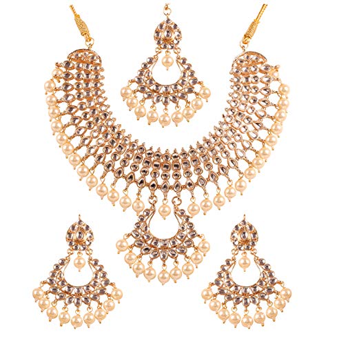 Touchstone Indian Bollywood Traditional Craftsmanship Mughal Designer Jewelry Wedding Necklace Set in Antique Gold Or White Tone for Women. - style: D592 Pearl