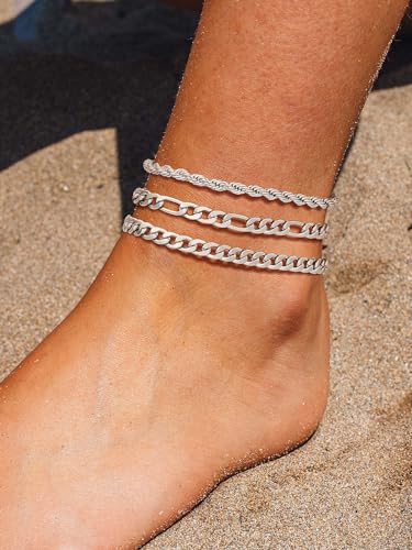 U7 2Pcs/3Pcs Ankle Bracelets for Women, Stainless Steel Cuban Link/Figaro/Rope/Heart Chain Anklets Sets,Waterproof Layered Anklets Adjustable 8.5"-10.5" - color: 03. 3Pcs Style A-Stainless Steel