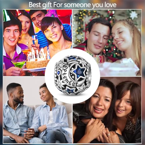 Star Moon 925 Sterling Silver Birthstone Charm for Bracelet Women Jewelry - color: September