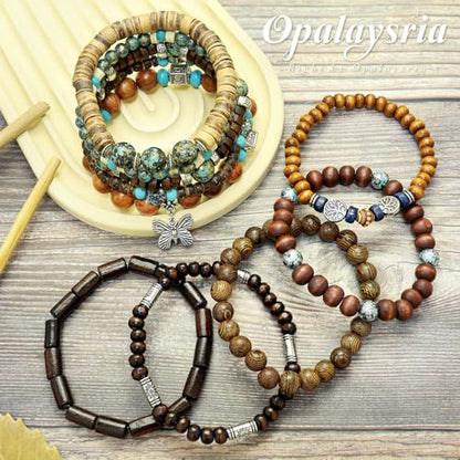 10 Pcs Stackable Bohemian Beaded Bracelets for Women Men, Nature Tree Butterfly Turquoise Wooden Beads Stretch Boho Bracelets Handmade Boho Hippie Western Chic Earthy Jewelry Gift - color: Brown Bamboo Joint