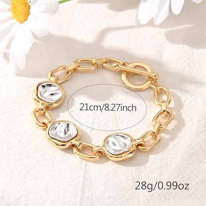 14K Gold & Silver Plated Lightweight Link Bracelet for Women | Stackable Bracelets ,14K Gold Plated Bracelets with CZ,Lightweight Trendy Chain Bracelet Jewelry Gift - style: round&gold chain