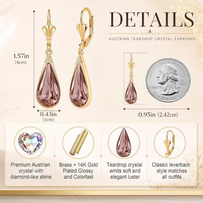 Teardrop Austrian Crystal Leverback Dangle Drop Earrings for Women | 14K Gold Plated,Classic Teardrop Elegance,Leverback for Easy Secure Wear,Gift Box Included, Brighten Up Daily and Party Looks - color: Antique Pink