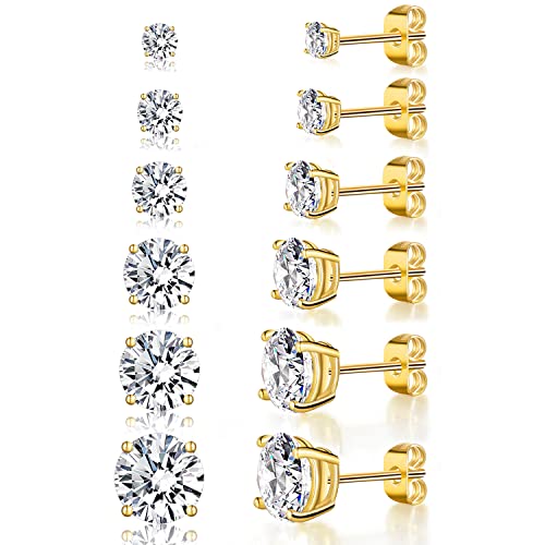 6 Pairs Cubic Zirconia Stud Earrings for Women/Men - Round Cut 4 Prong Settings 18K Gold Plated Hypoallergenic 3-8mm Clear Earrings Set - color: 3-8mm Gold - Round 4 Prong