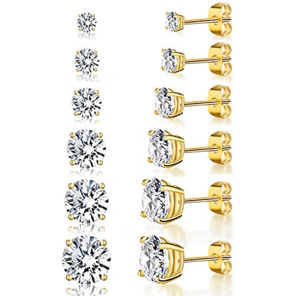 6 Pairs Cubic Zirconia Stud Earrings for Women/Men - Round Cut 4 Prong Settings 18K Gold Plated Hypoallergenic 3-8mm Clear Earrings Set - color: 3-8mm Gold - Round 4 Prong