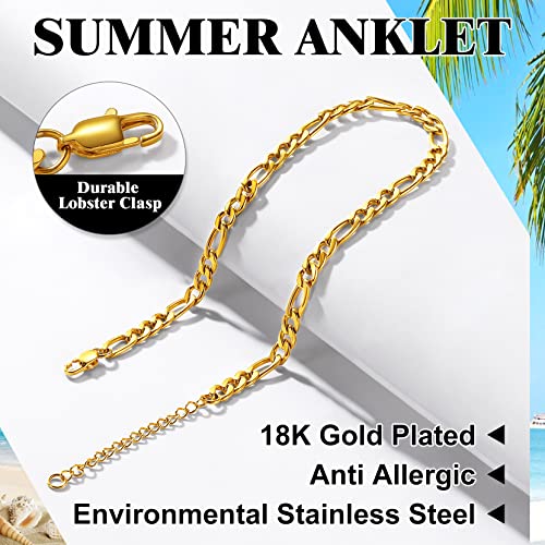 Richsteel Anklets for Women Cuban/Figaro/Spiga Wheat Chain Stainless Steel/18K Gold Plated Ankle Bracelet Beach Waterproof Foot Jewelry - color: 05-Gold Plated Figaro