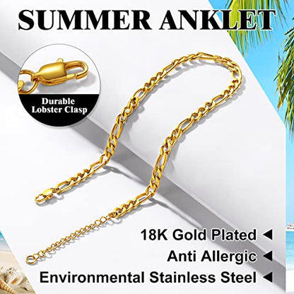 Richsteel Anklets for Women Cuban/Figaro/Spiga Wheat Chain Stainless Steel/18K Gold Plated Ankle Bracelet Beach Waterproof Foot Jewelry - color: 05-Gold Plated Figaro