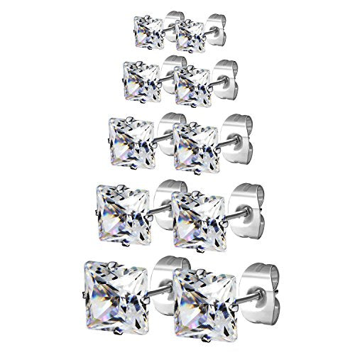 JewelrieShop Stud Earrings Surgical Steel Earrings for Sensitive Ears Stud Earrings Pack Hypoallergenic Cubic Zirconia Earrings for Women (Silver, 3-8mm, 5 Pairs / 6 Pairs / 8 Pairs) - color: 5 Pairs White Square CZ & Silver Post (3-7mm, 4 Prong)
