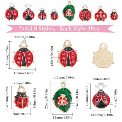 SUNNYCLUE 32PCS 8 STYLES Ladybug Charms Bulk Insect Charm Enamel Lucky Red Ladybird Ladybugs Insect Leaf Beetles Animals Charm Bulk for Jewelry Making Charms Earrings Necklace Bracelets Diy Crafts