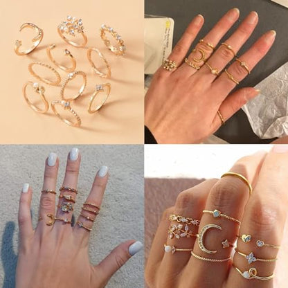 HUASAI Gold Stackable Rings Set for Women Boho Dainty Moon Star Pearl Leaf Cubic Zirconia Heart Midi Pinky Trendy Jewelry Birthday Gifts - color: R Gold Moon Star Rings 10 Pcs
