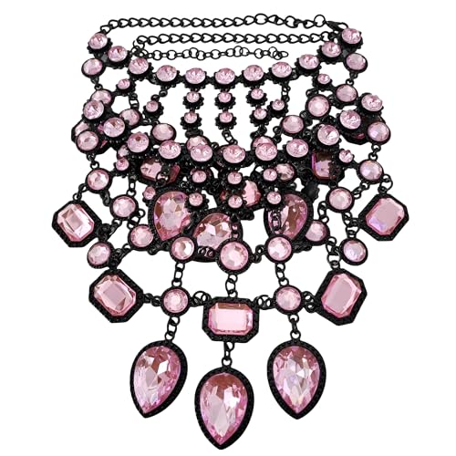 925 Sterling Silver Bib Jewelry Sets For Women - ZA Indian Ethnic Round Water Drop Crystal Tassel Necklace Earrings Jewelry Sets Statement Large, Chunky Rhinestone Necklace - color: Pink - Bib Necklace