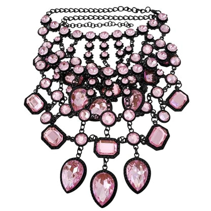 925 Sterling Silver Bib Jewelry Sets For Women - ZA Indian Ethnic Round Water Drop Crystal Tassel Necklace Earrings Jewelry Sets Statement Large, Chunky Rhinestone Necklace - color: Pink - Bib Necklace