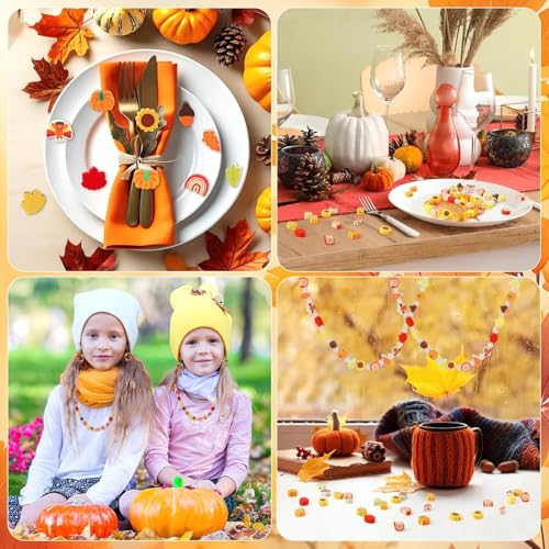 Fall Polymer Clay Beads for Thanksgiving Jewelry Bracelet Making | 8mm Autumn Polymer Clay, Ideal for Holiday Crafts, DIY Thanksgiving Festive Jewelry, 300Pcs Maple Leaf Pumpkin Turkey Shapes - color: Autumn Color