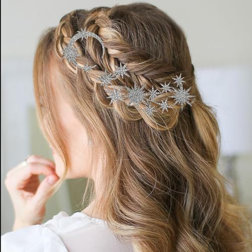 5 Pcs Celestial Crystal Bridal Hair Pins Set, Star & Moon Rhinestone Hair Accessories for Wedding, Goddess-Style Hair Pieces for Women(Silver) - color: Silver