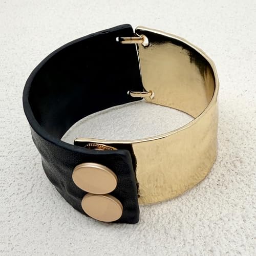 Leather Bracelet for Women Black Leather Golden Bracelet Bangle Chunky Leather Wrap Bracelet for Women Statement Jewelry Gift - style: Genuine Leather Bracelet-Gold