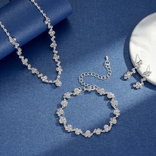 3PCS Silver Wedding Jewelry Set for Women Brides Rhinestone Necklace Earrings Bracelet Bridal Wedding Jewelry Sets for Bridesmaid Prom Costume Accessories Jewelry - color: 2#