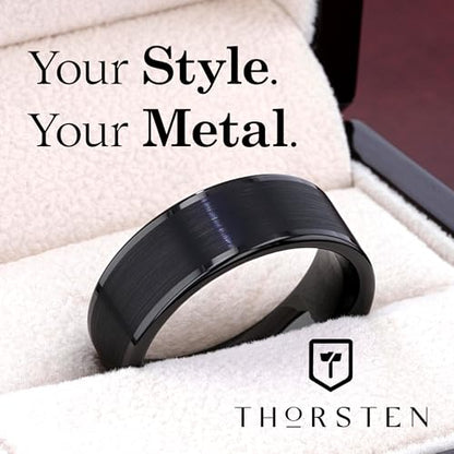Thorsten Vulcan Black Tungsten Carbide Men’s Wedding Ring – Flat Matte Brushed Finish with Polished Edges – Comfort Fit Wedding Band – Durable and Stylish Ring for Him | Flat Black, Matte Brushed Finish, Polished Edges, Comfort Fit, Custom Engraved
