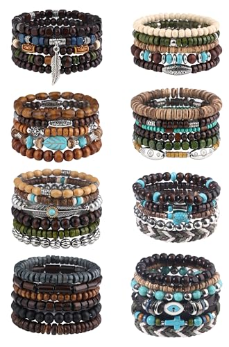 Giovanchi 41/44 PCS Wooden Beaded Bracelets for Men Larger Size Adjustable Punk Braided Wooden Bracelet Bulk Wood Bangles Wristbands Meaningful Jewelry Gift - style: Style A:44 PCS
