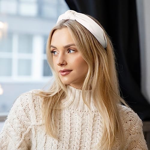 Huachi Leather Headbands for Women - Knotted Fashion Top Knot Headband, Creamy White Hairband for Girls - Hair Accessories - color: Cream White