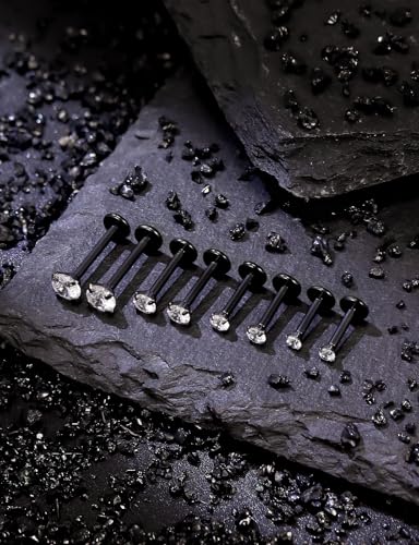 18G 16G Internal Thread Flat Back Nose Stud Earrings Surgical Steel Conch Tragus Cartilage Medusa Monroe Labret Lip Rings Piercing Jewelry for Women Men CZ Silver Black Gold Hypoallergenic - color: Black, size: 18g