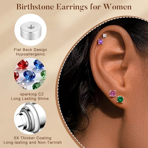 Small Birthstone Flat Back Stud Earrings for Women, 14K Real Gold Plated Hypoallergenic Earring Dainty CZ Cartilage Stud Earring Stack, Perfect Birthday Gifts for Women Her - color: Silver-09-September-Sapphire Royal Blue