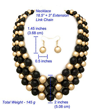 Fashion 21 Women's Faux Pearl Three Multi-Strand Statement Necklace and Earrings Set - color: Black + Gold