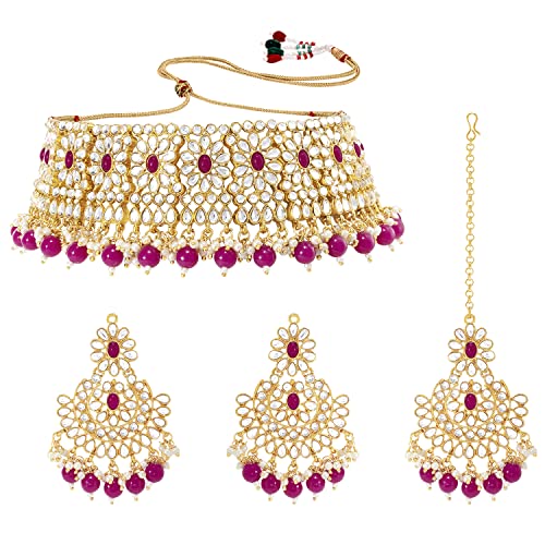 Aheli Faux Pearl Choker Necklace with Earrings Indian Traditional Bollywood Jewelry Set Gift for Women - color: Rani Pink & White