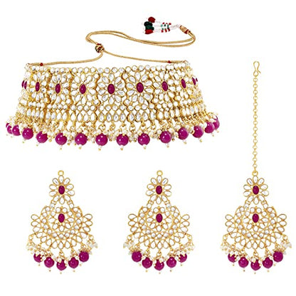 Aheli Faux Pearl Choker Necklace with Earrings Indian Traditional Bollywood Jewelry Set Gift for Women - color: Rani Pink & White