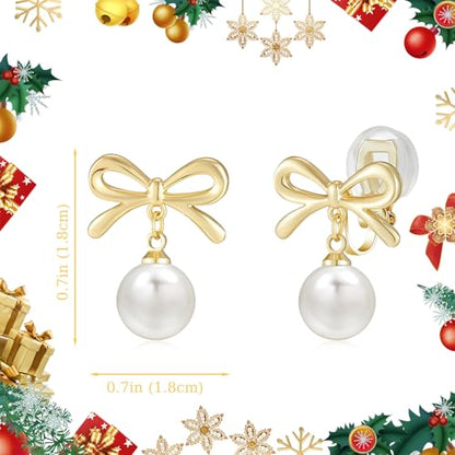 YOQUCOL Golden Bow Clip On Stub,Danle Drop Earrings for Women Simulated Pearl Christmas Xmas Bowknot Non Pierced Earrings - color: Dangle Clip-03