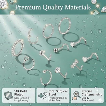 20G Nose Rings Hoops And Studs For Women Men, 12PCS Hypoallergenic Stainless Steel Nose Hoops Dainty Non Tarnish Nose Hoop Set, L Shaped CZ Nose Stud Piercing Jewelry Gold/Sliver - color: 20G-Sliver