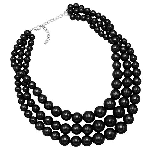Rosemarie & Jubalee Women's 3 Colorful Multi Strands Simulated Pearl Necklace And Earrings Jewelry Gift Set, 18"+3" Extender - color: Jet Black Silver Tone