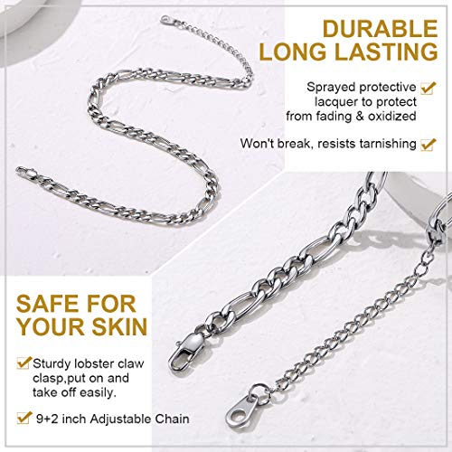 Adjustbale Link Chain Anklet for Women Summer Jewelry, 316L Stainless Steel Figaro/Wheat/Twist Rope/Cuban Foot Bracelet-Waterproof, Resizable 9"-12" (Gift Box Included) - color: 3, Figaro - Stainless Steel